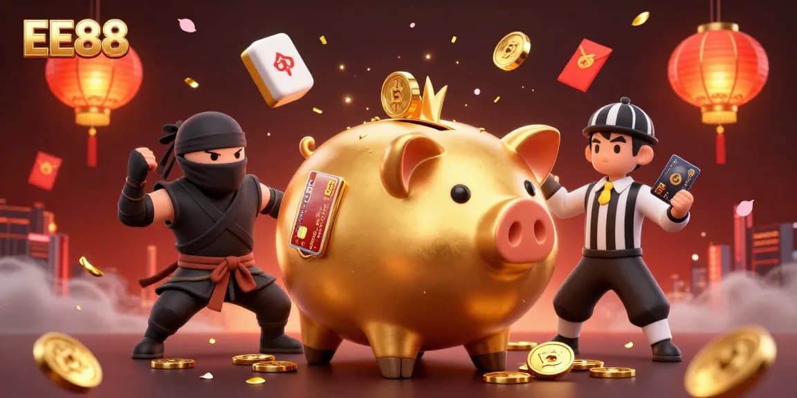 Play exciting games at EE88 with a lively illustration of a golden piggy bank wrestler and dynamic casino elements.