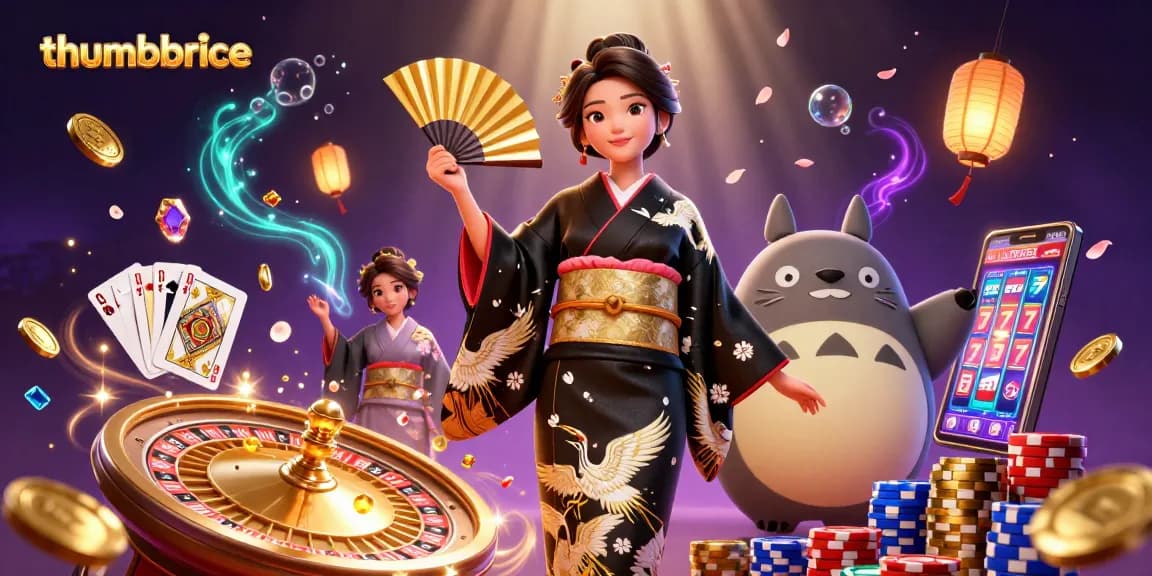 Engage with thumbbrace as colorful slot machine reels spin and coins cascade in a vibrant casino scene.