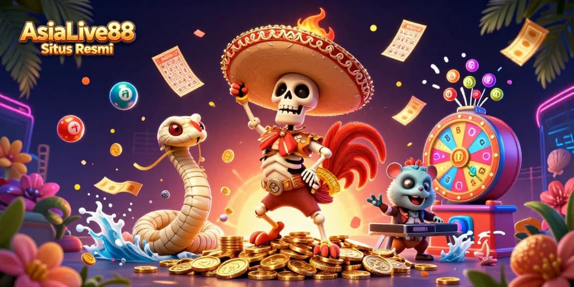 Experience festive gambling fun with AsiaLive88 Situs Resmi featuring vibrant characters and dynamic lottery elements.