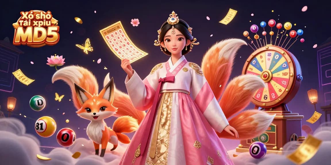 Xổ số Tài xỉu MD5 showcases an enchanting scene with an Asian woman and a lucky fox, vibrant lottery elements and rich dynamics.