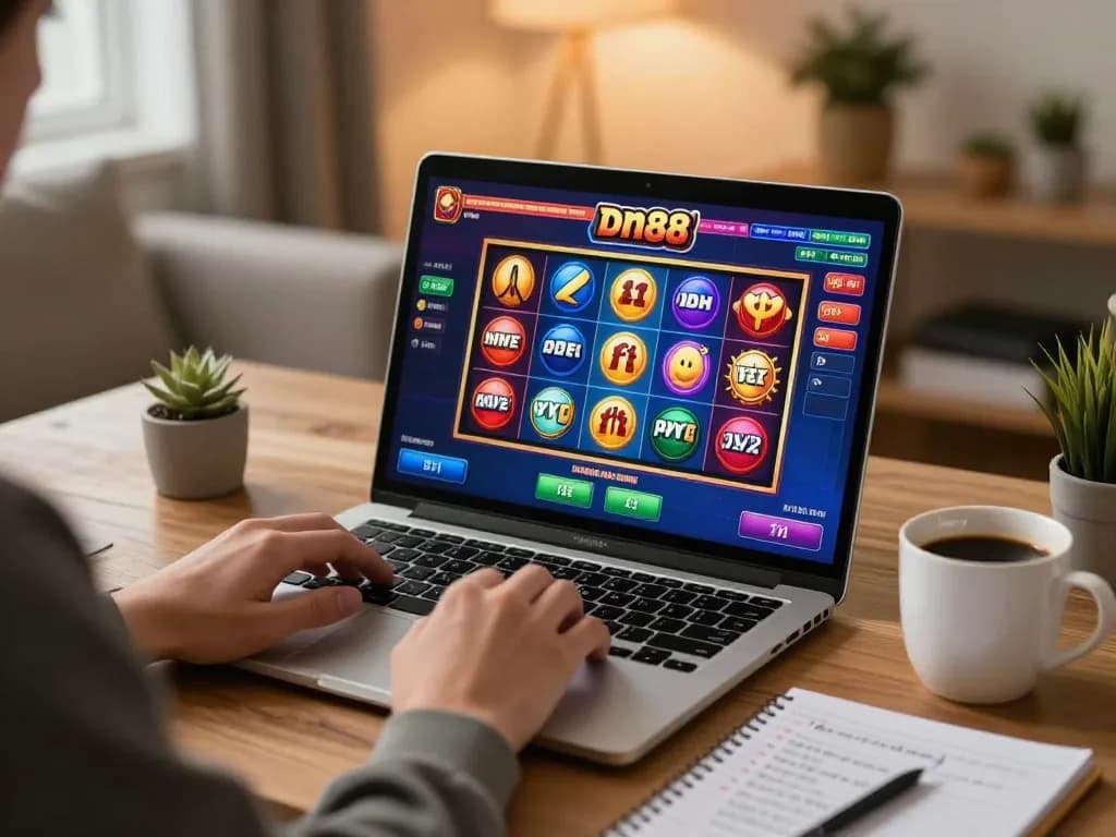 Player enjoying dn88 online slots at a laptop in a cozy home office setting.