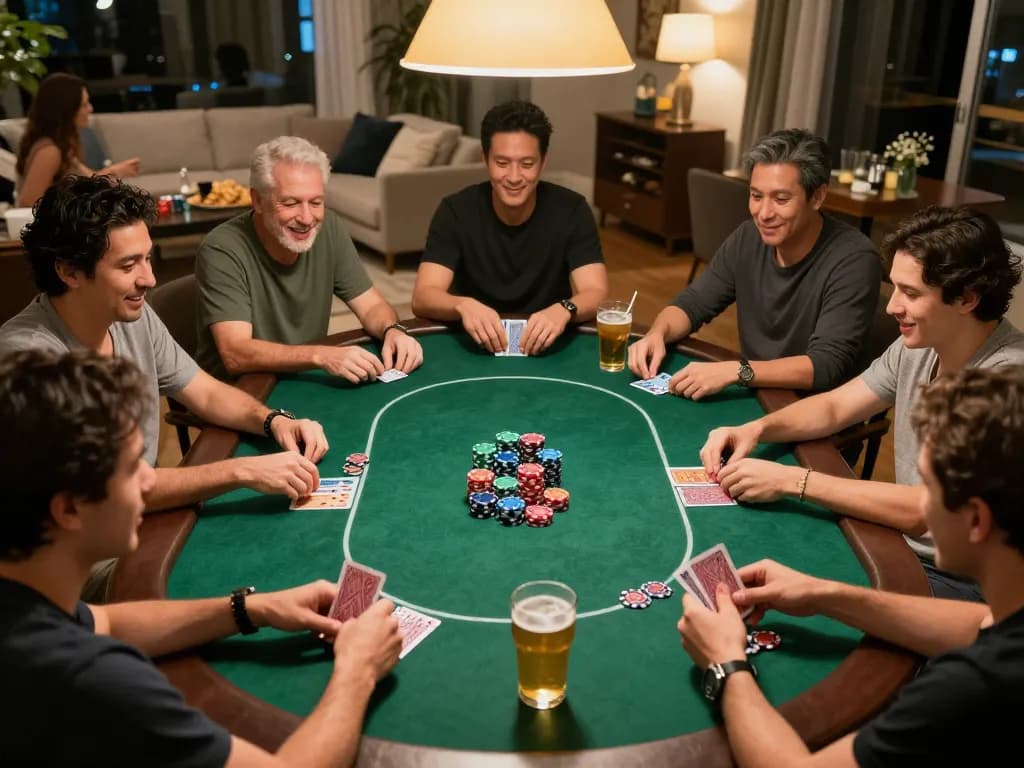 Engaging poker game at home showcasing players' excitement and strategy, ทางเข้า m103 leading to thrilling gameplay moments.
