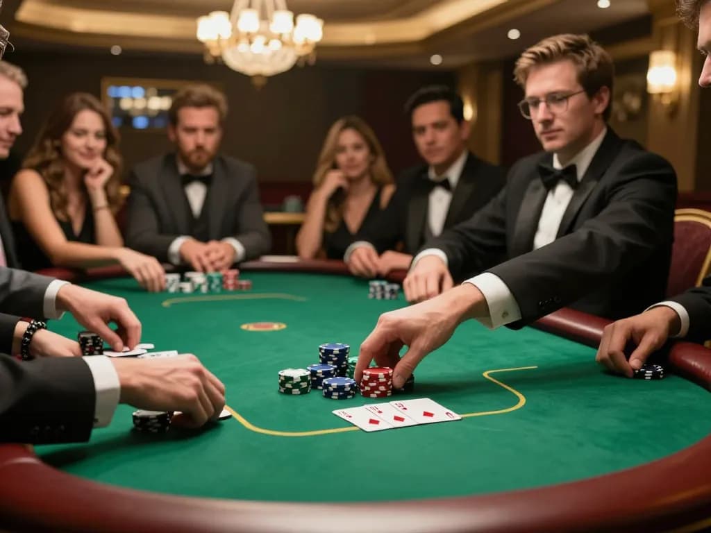 IWIN poker game at an upscale venue with excited players and high stakes, showcasing a winning hand.
