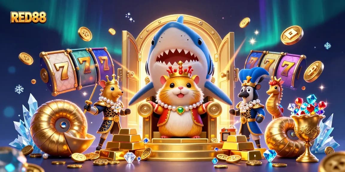 Experience the excitement of RED88 as a fierce golden hamster king rules a treasure-filled 3D casino scene.
