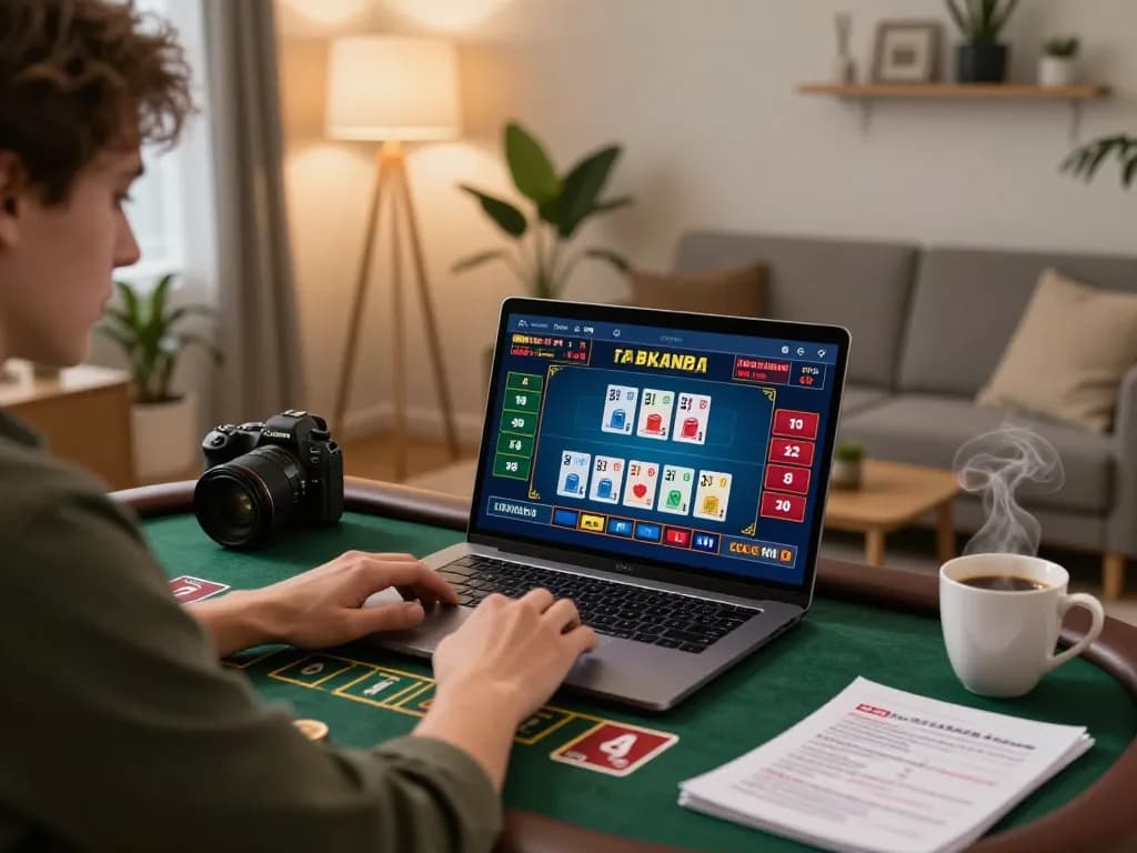 MM88 player engaging in live dealer casino game on laptop at home, showcasing dynamic betting.