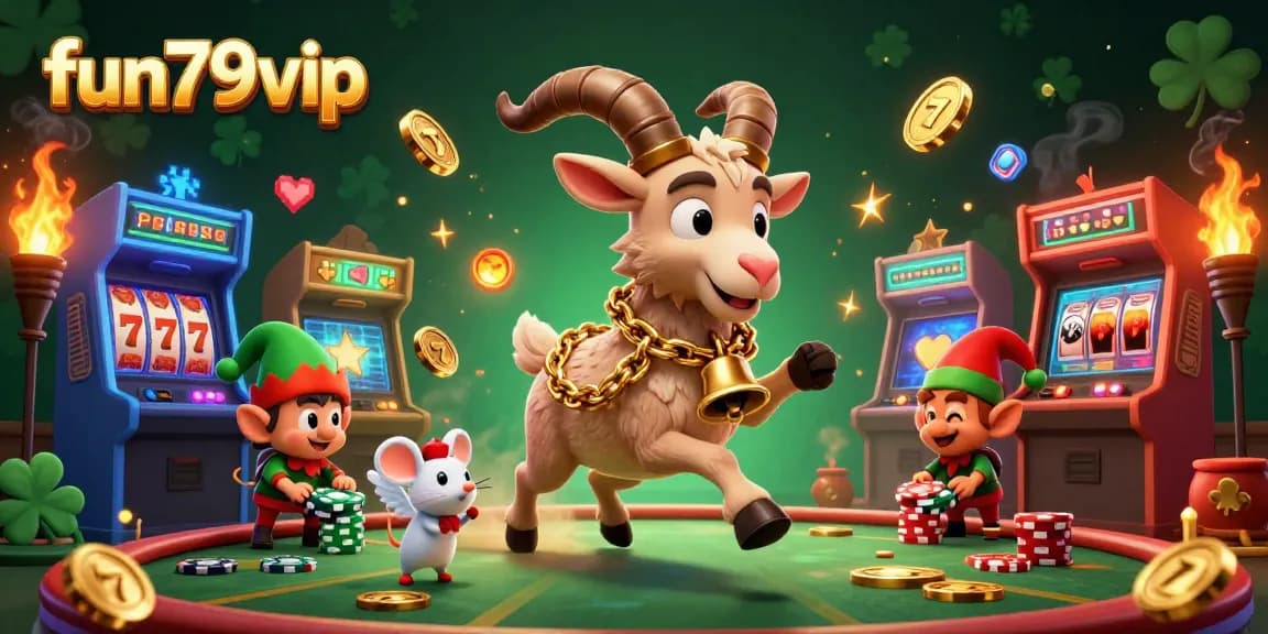 Experience the thrill of fun79vip with a festive casino scene featuring Krampus and whimsical characters, full of gaming excitement.