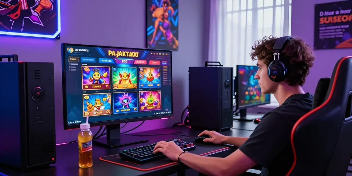 Engaging pajaktoto slot game session in a neon-lit gaming room with vibrant graphics.