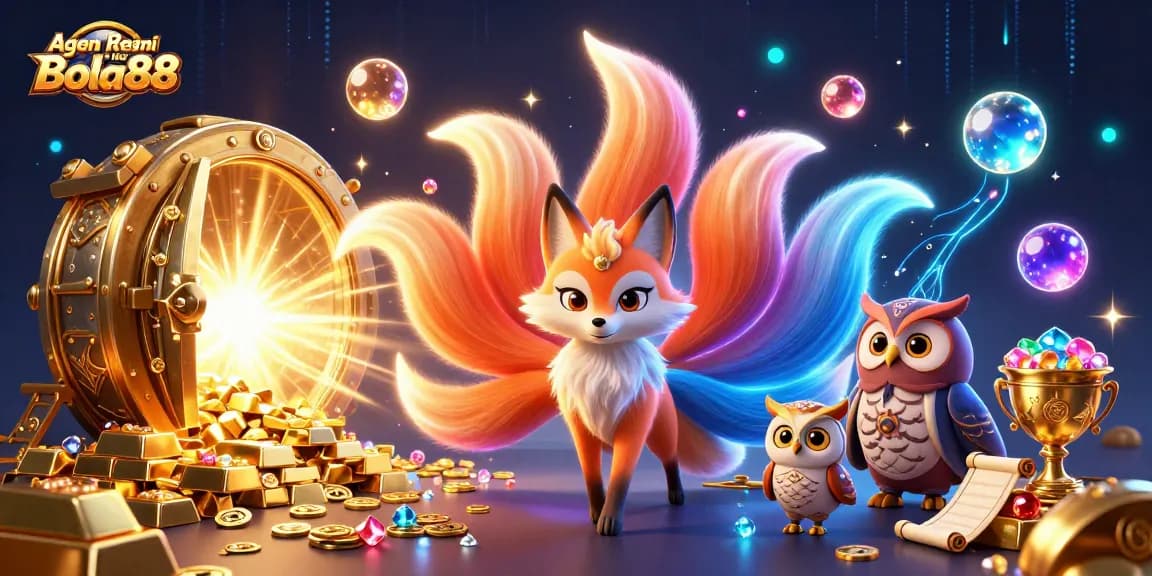 Agen Bola Resmi Bola88 showcases vibrant spirit characters amid a treasure-filled casino scene, engaging players in excitement.