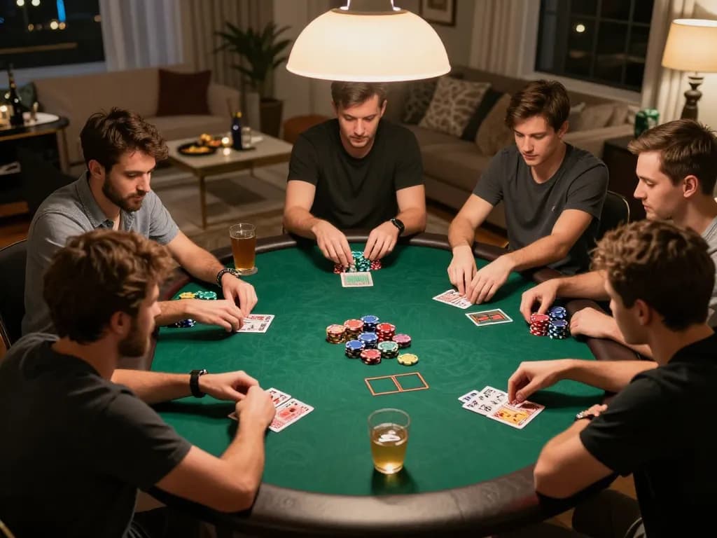 Players engage in an intense poker game at home while enjoying the strategic play of 88i.