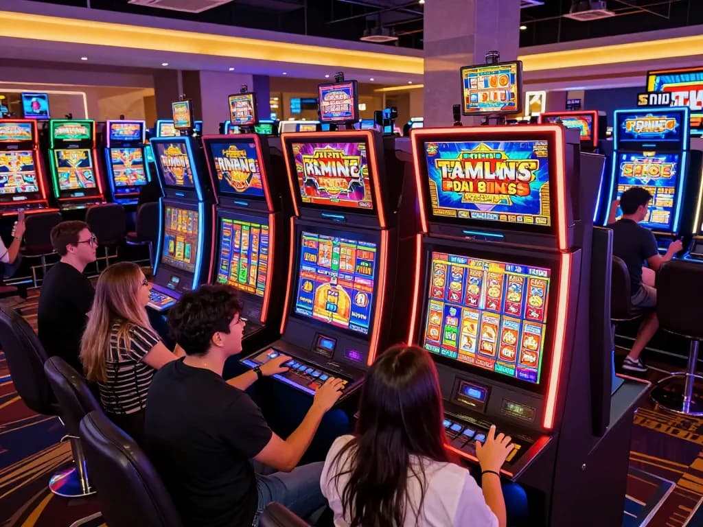 Engaged players at a lively slot machine area enjoying their link slot gaming experience.