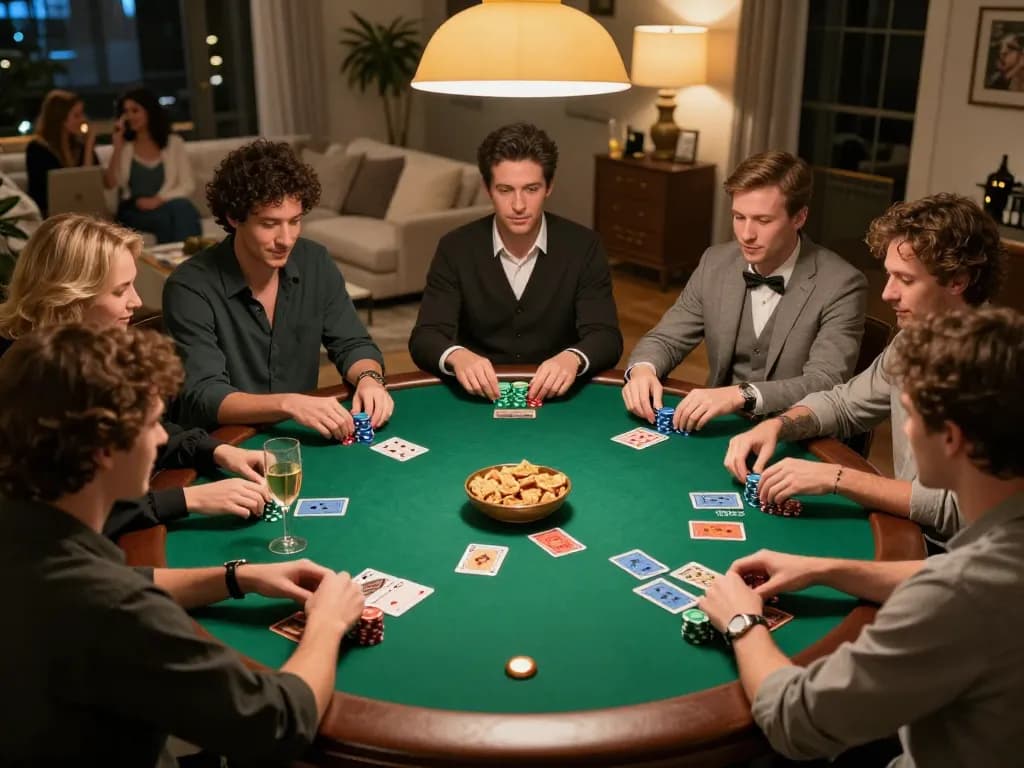 Players enjoying a friendly poker game at home, showcasing strategy and fun with 789bet connection.