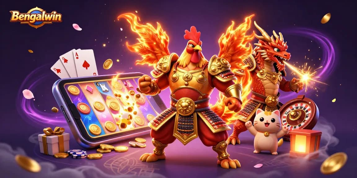 Bengalwin gaming adventure with a cartoon rooster warrior, dragon hatchling, and festive casino elements.