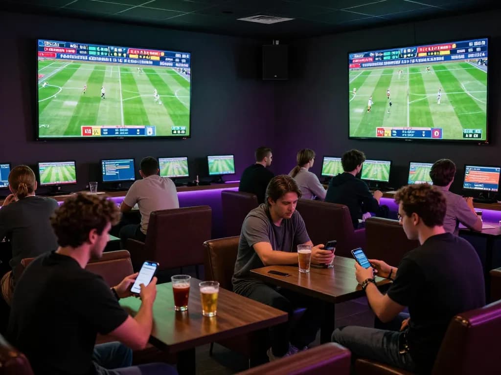 Experience soi kèo bóng đá excitement in a lively sports betting lounge with fans engaged in analysis