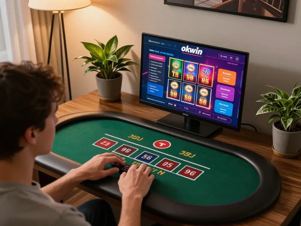 Player engaging with the okwin online casino interface, showcasing vibrant poker tables and immersive gaming atmosphere