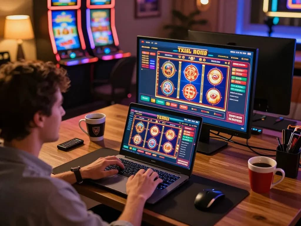 Player engages with the uu88 online casino interface on a laptop, displaying colorful slot machines.