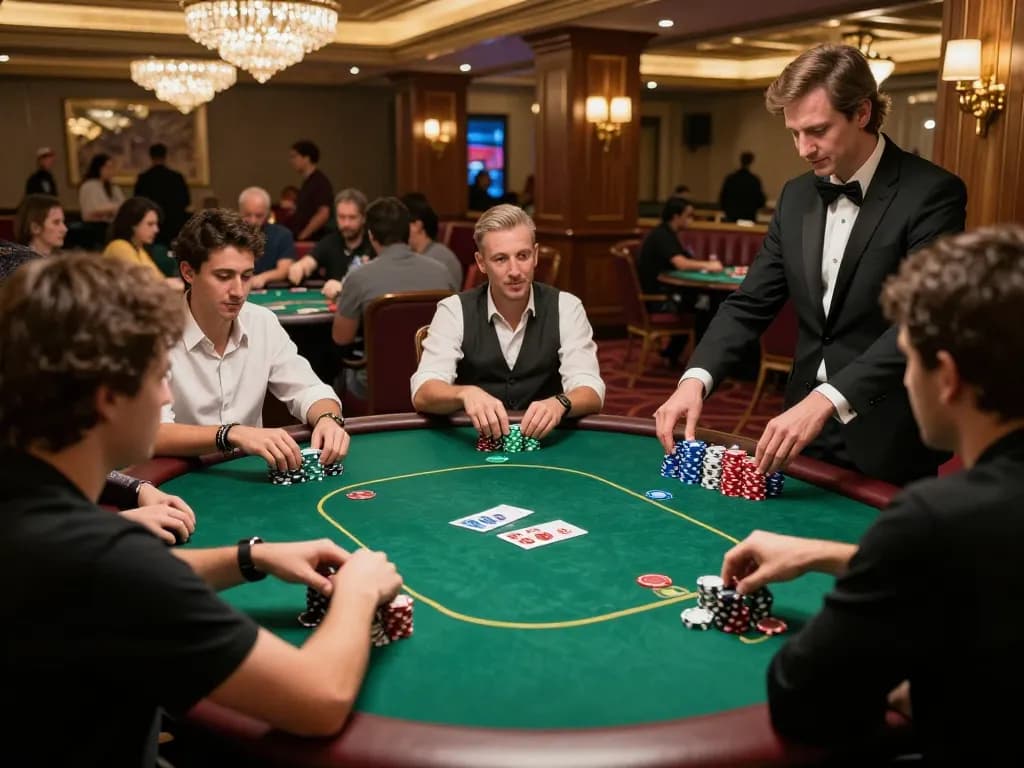 Experience the excitement of a poker game with hello88 in an upscale casino setting, players engaged and strategizing.