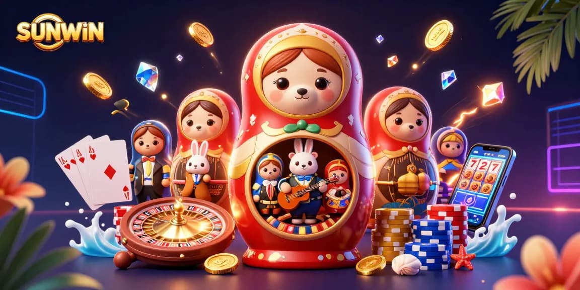 SUNWIN brings excitement with a vibrant 3D casino scene featuring animated bears and a rabbit!