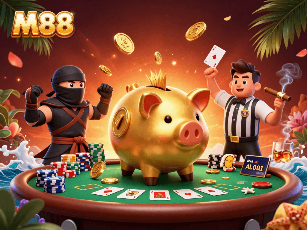 M88 showcases a vibrant casino scene with golden piggy bank sumo wrestler amidst poker chaos.