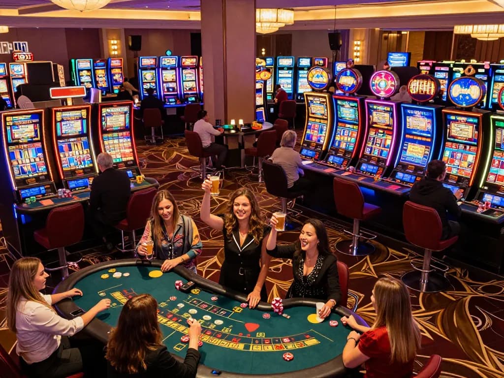 IDNSCORE players enjoying a thrilling moment at a vibrant casino floor with colorful slot machines lighting up the scene.