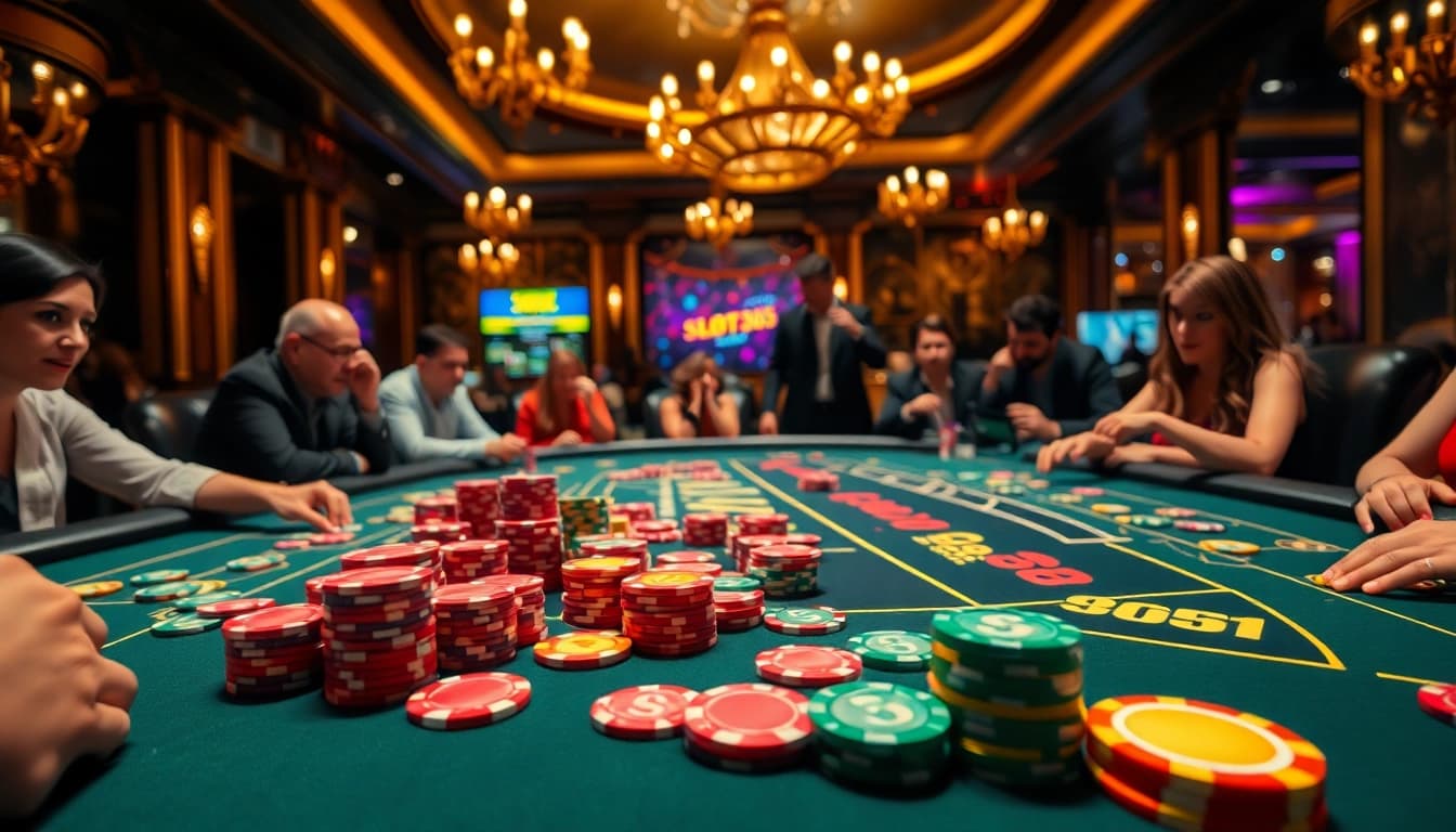 Merayakan kemenangan di meja SLOT365 dengan suasana kasino yang vibran dan penuh semangat.