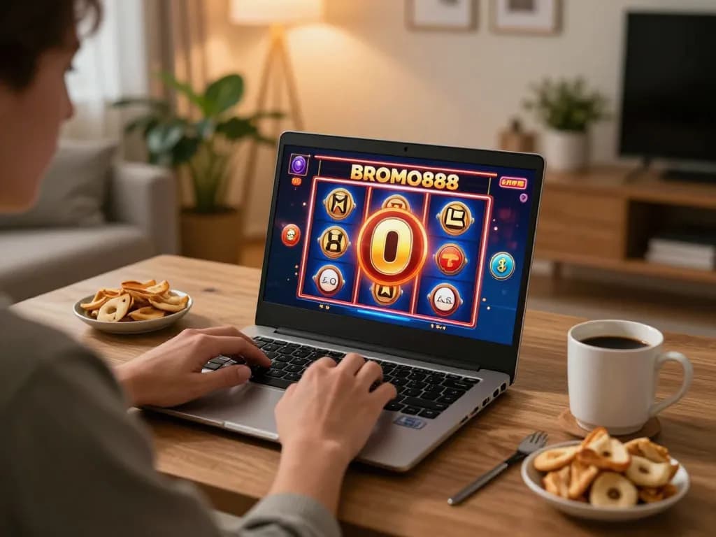 BROMO888 player celebrating a big win while gaming at home in a cozy environment.