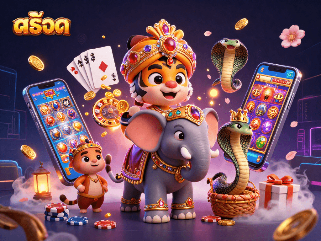 Trigger excitement playing สล็อต with a 3D cartoon Indian maharaja tiger on an elephant, surrounded by vibrant casino elements.