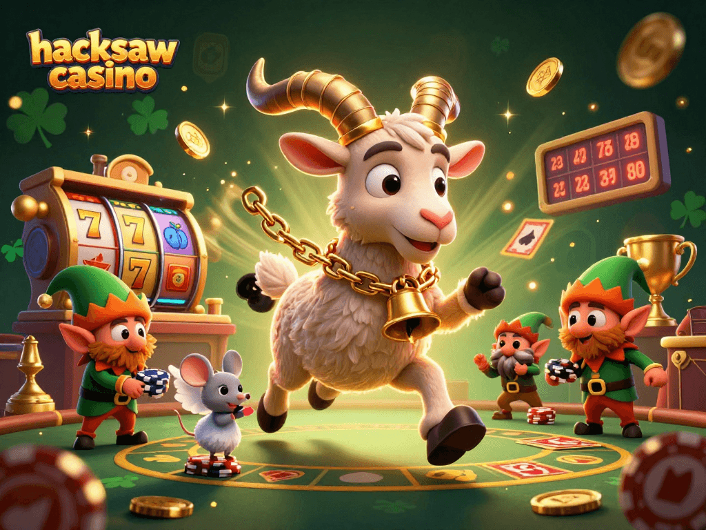 Experience the hacksaw casino adventure with quirky characters in a vibrant slot-filled scene.