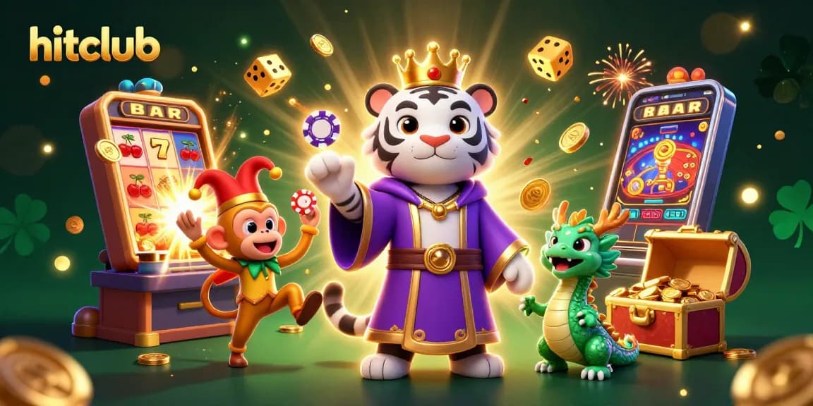 Experience excitement at hitclub with a vibrant scene featuring casino games, a tiger, and dynamic elements.