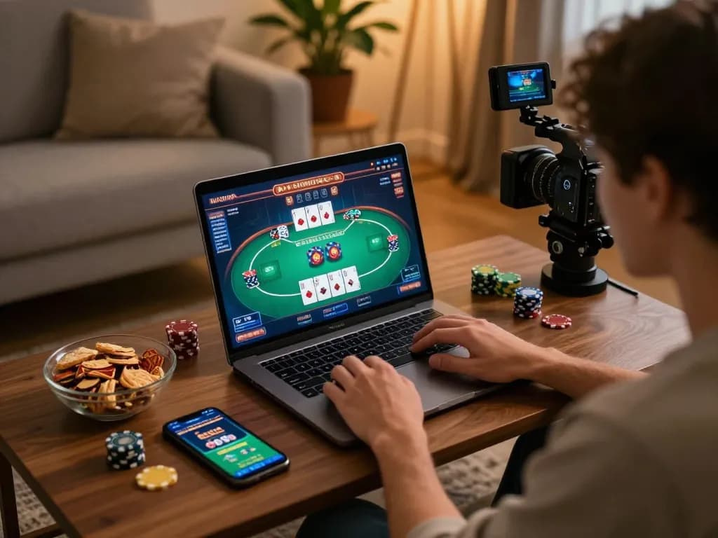 Engaged player enjoying credit card casinos via laptop in cozy home environment.