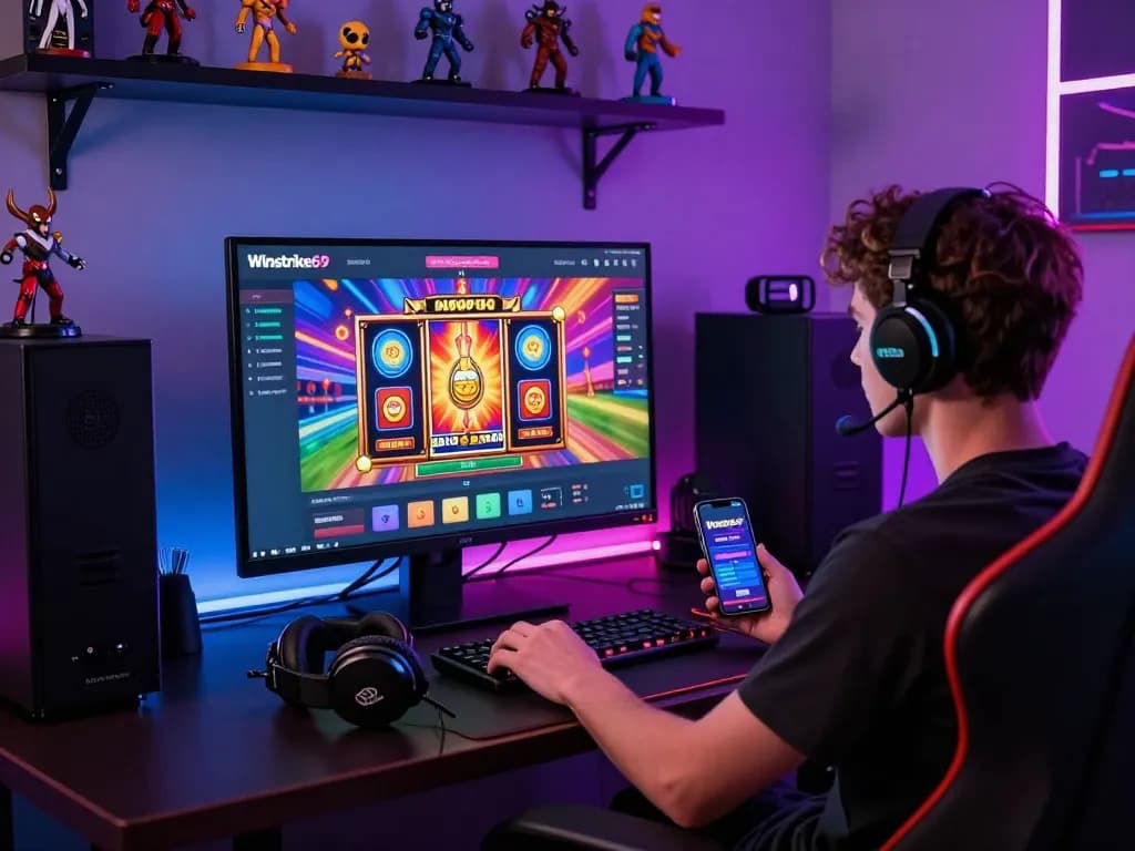 Player enjoying Winstrike69 login on a bright, colorful gaming desk with vibrant slot visuals.