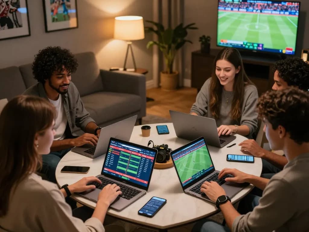 Engaging friends participate in online sports betting at sg777, showcasing excitement and strategy