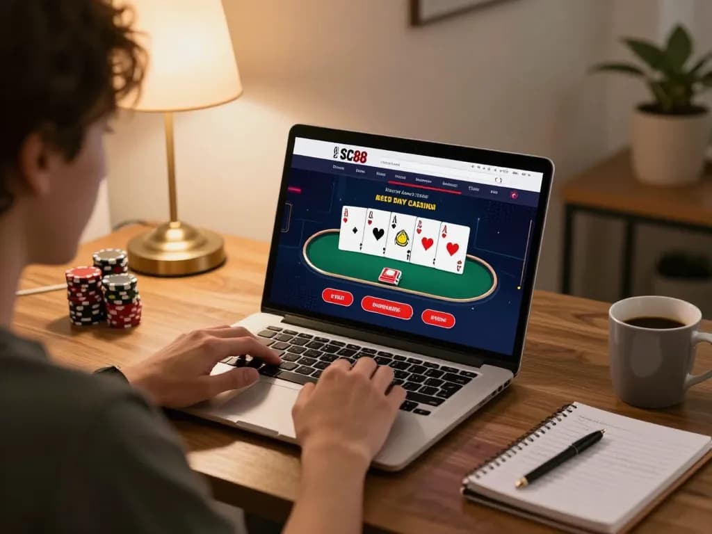 Player engaging in online gaming at SC88 day with poker cards displayed on a laptop.