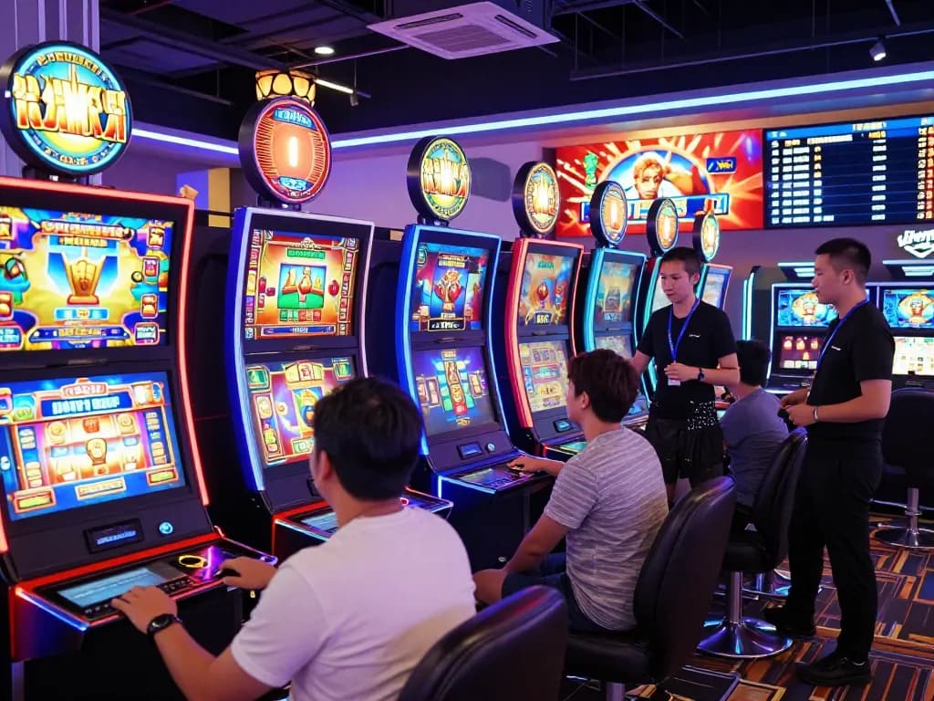 Suasana permainan online yang menarik dengan mesin slot danamax789 yang dikelilingi oleh lampu neon cerah dan pemain yang bahagia.