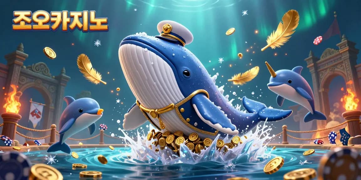Engage with 조이카지노 in an ultra-detailed 3D casino adventure featuring a playful whale and poker-themed ocean!