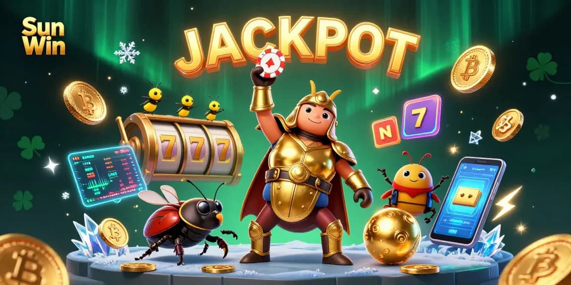 Celebrate Sun Win with a victorious beetle lifting a poker chip amidst exciting casino symbols and crypto elements.