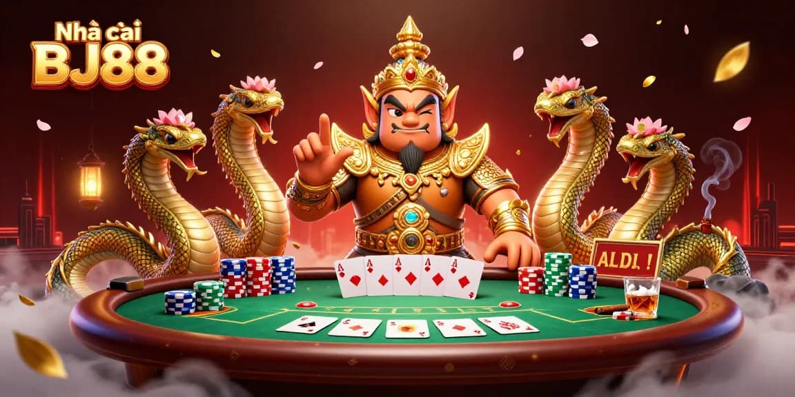 Engage in thrilling poker with Nhà cái BJ88 featuring diverse gaming elements and vibrant characters.