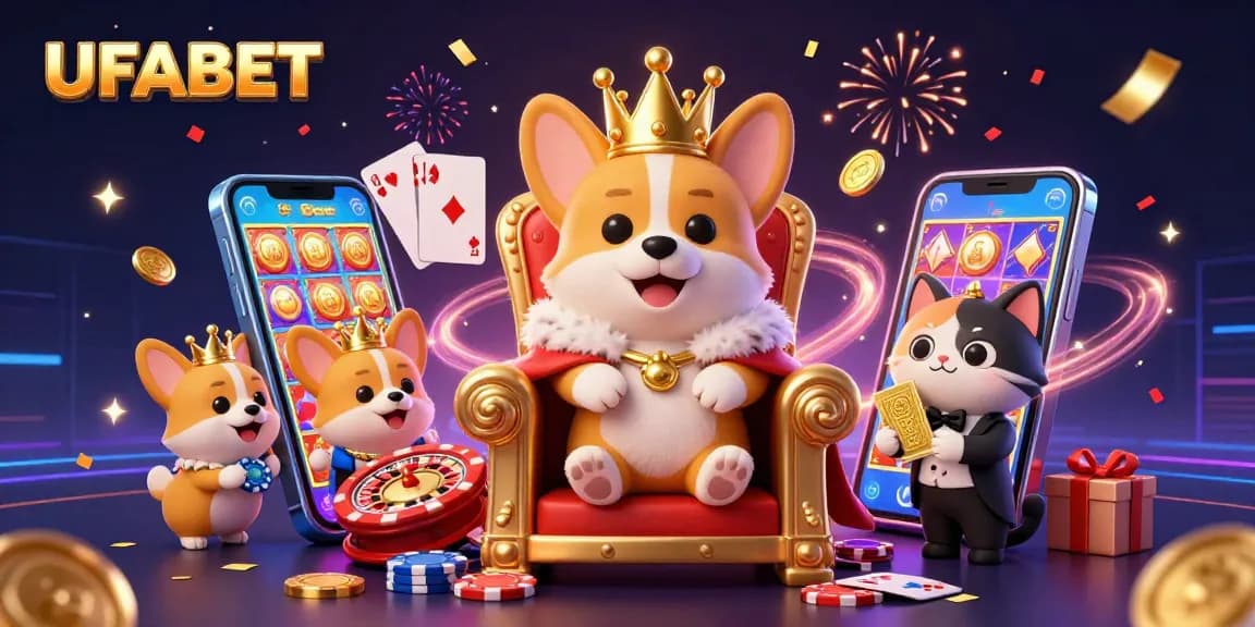 Experience the thrill at UFABET with vibrant casino elements, featuring exciting slot games and dynamic characters.