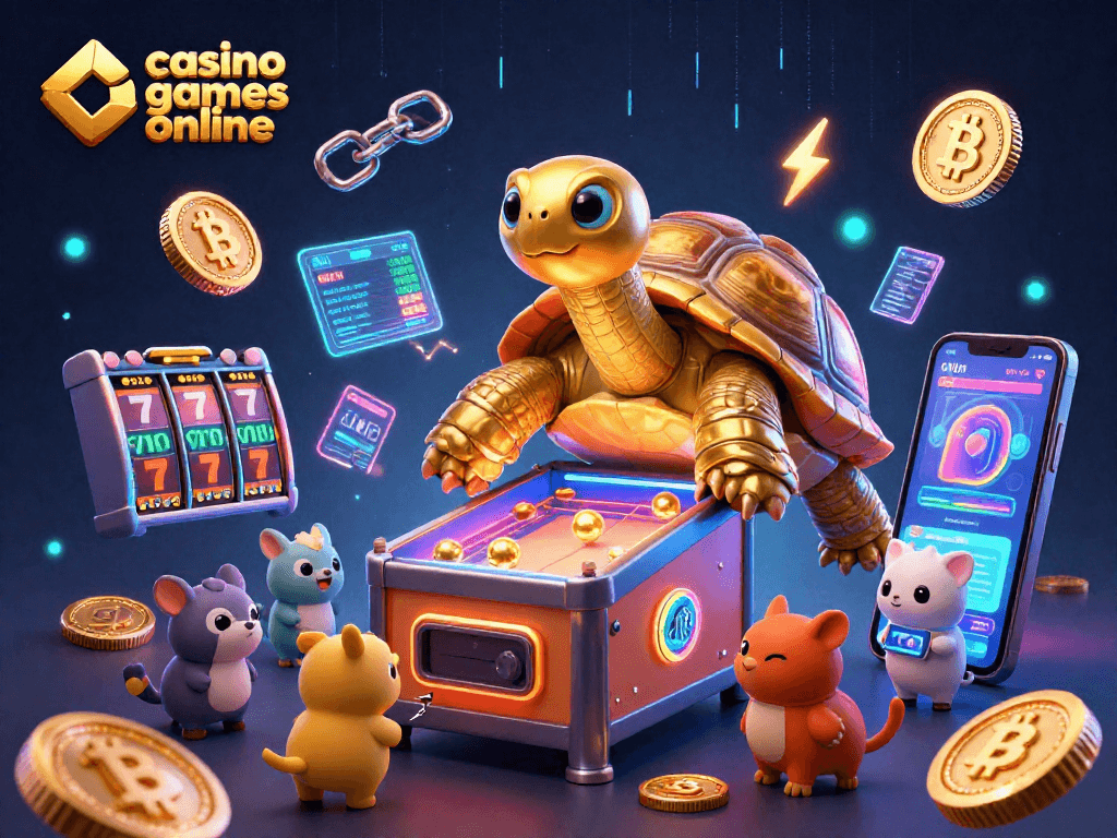 Experience exciting casino games online with a vibrant 3D illustration showcasing digital energy and animated characters.