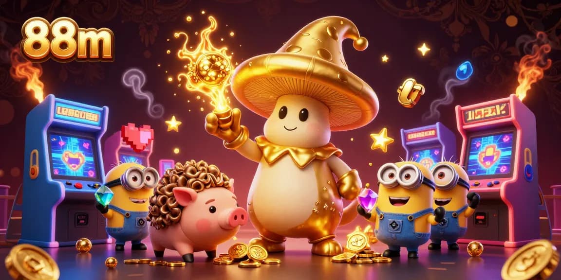 Experience thrilling gaming adventures with 88m's golden wizard and treasure-hunting pig in an engaging casino scene.