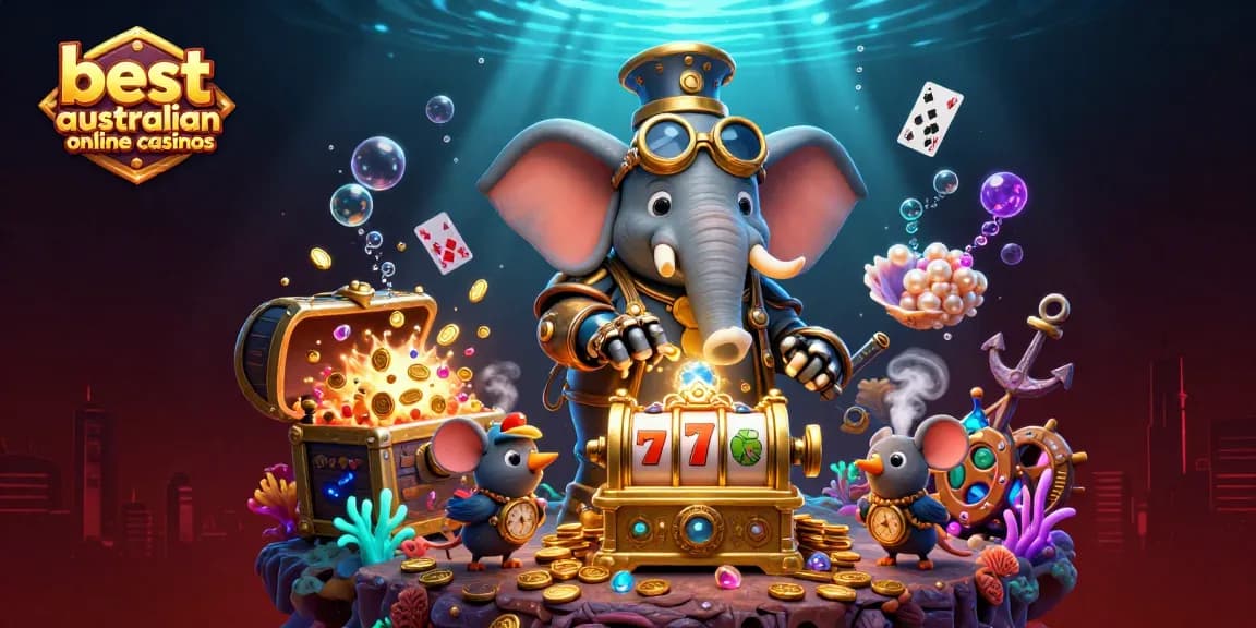 Experience the thrill of the best australian online casinos with a steampunk elephant engineer amidst vibrant gaming elements.