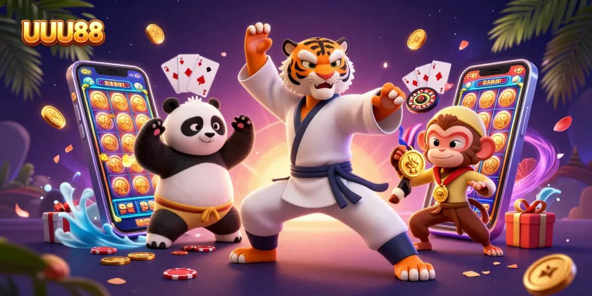 Play exciting slots at UUU88 with a vibrant 3D cartoon illustration of a kung fu tiger and friends.
