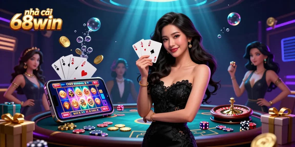 Experience the thrill of nhà cái 68win with dynamic casino action featuring a glamorous dealer holding playing cards.