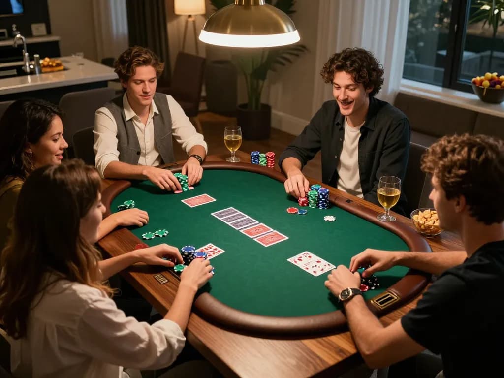 Players at 789F enjoy an exciting home poker night with chips and cards, emphasizing strategic gaming.
