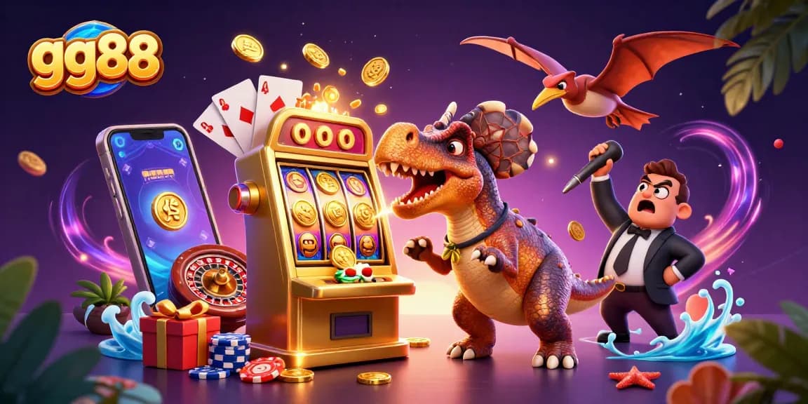 gg88 slot machine action with pachycephalosaurus, casino manager, and flying coins in vibrant 3D