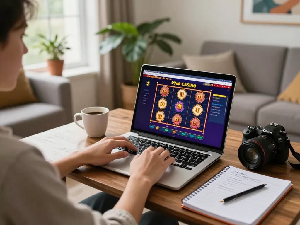Engaging with online slots on the 99ok platform in a cozy living room.