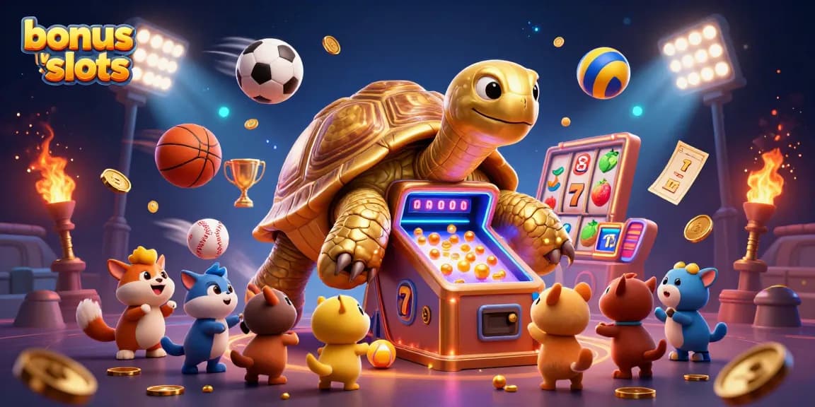 Engage in bonus buy slots with a golden tortoise pinball machine surrounded by excited animals and dynamic game elements.