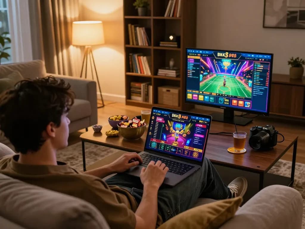 Engaging gameplay at bk8 online casino from a cozy home setup featuring vibrant graphics.
