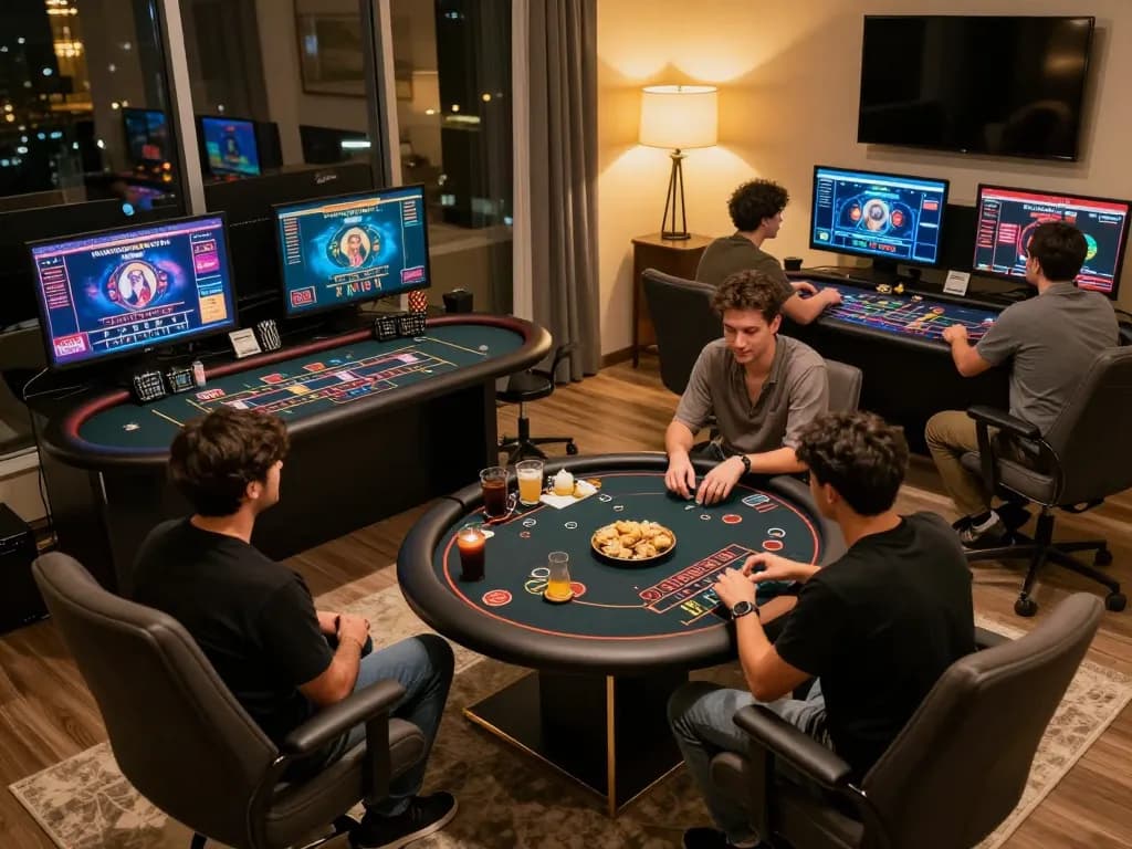 Engaged players at a lively online session on open88 com discussing strategies around a modern gaming setup with ambient lighting.