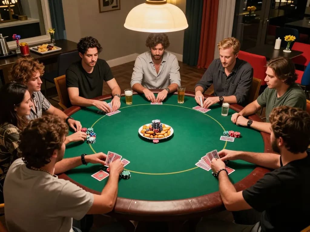 Suasana malam poker di rumah yang menyenangkan dengan teman-teman bermain bersama, menampilkan strategi sada-ar.