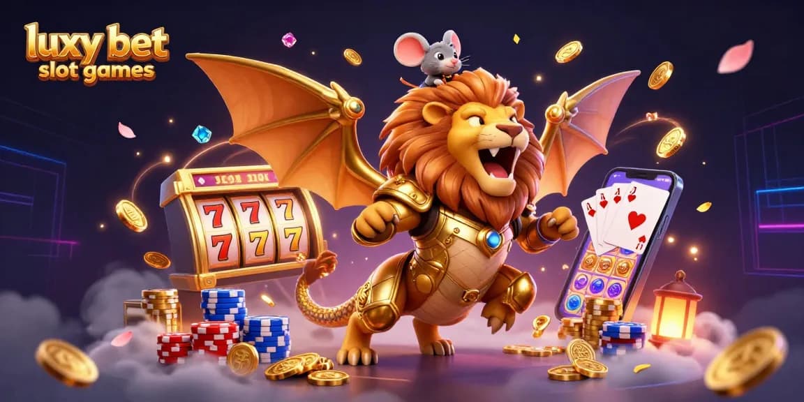 Engage with luxy bet slot games through a vibrant scene of a chimera and mouse jockey amidst dynamic slot elements.